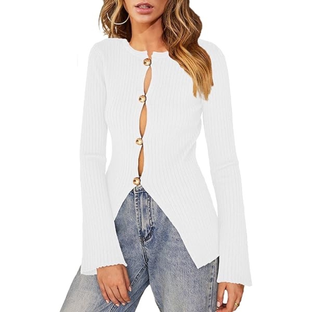 NEW Commense White Ribbed Knit Button Front Sweater - Picture 8 of 14